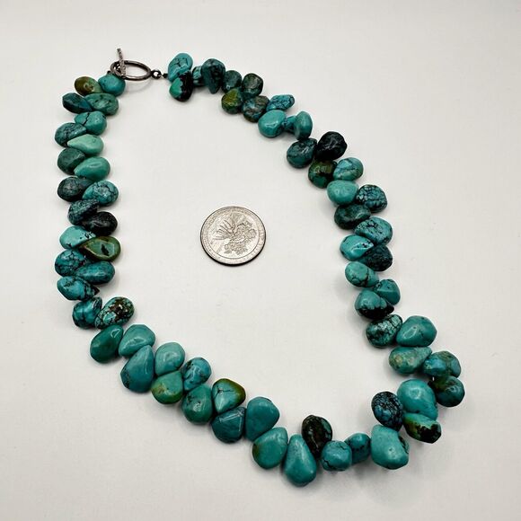 Natural Turquoise Necklace 16” Teardrop Beads Sterling Toggle Clasp Blue Green - Picture 6 of 12